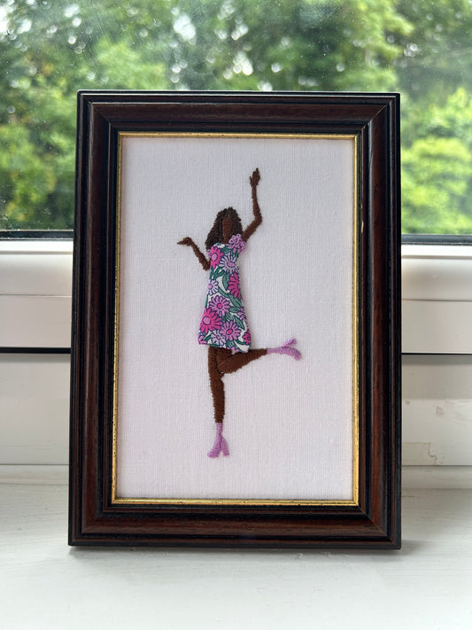 Hand Embroidered Dancing Lady Original Framed Embroidery