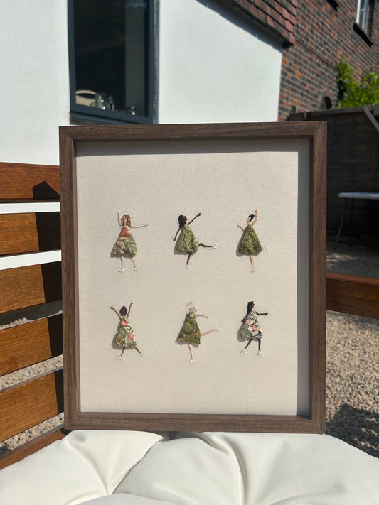 William Morris Hand Embroidered Mini Dancing Ladies Original Framed Artwork